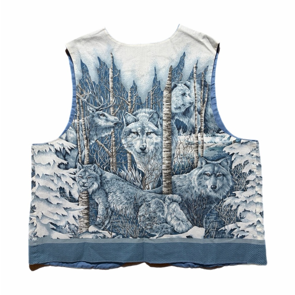 Winter Wildlife Vest Womens XL Blue Animal Print Lined Open Front Owls Wolves
